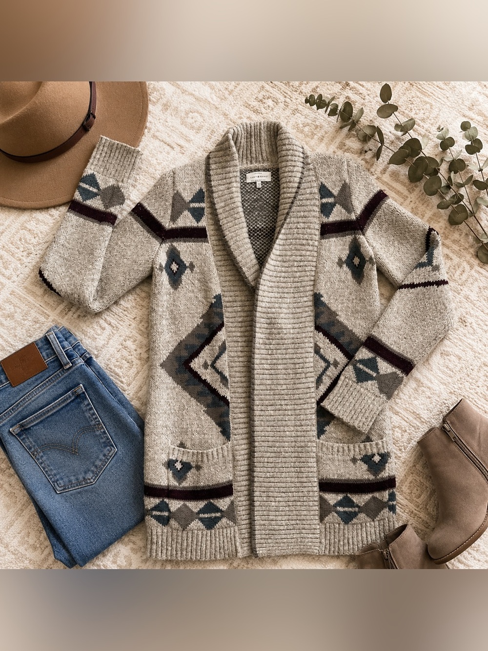 Lucky Brand Southwestern Shawl Collar Open Cardigan Sweater Beige XS Boho